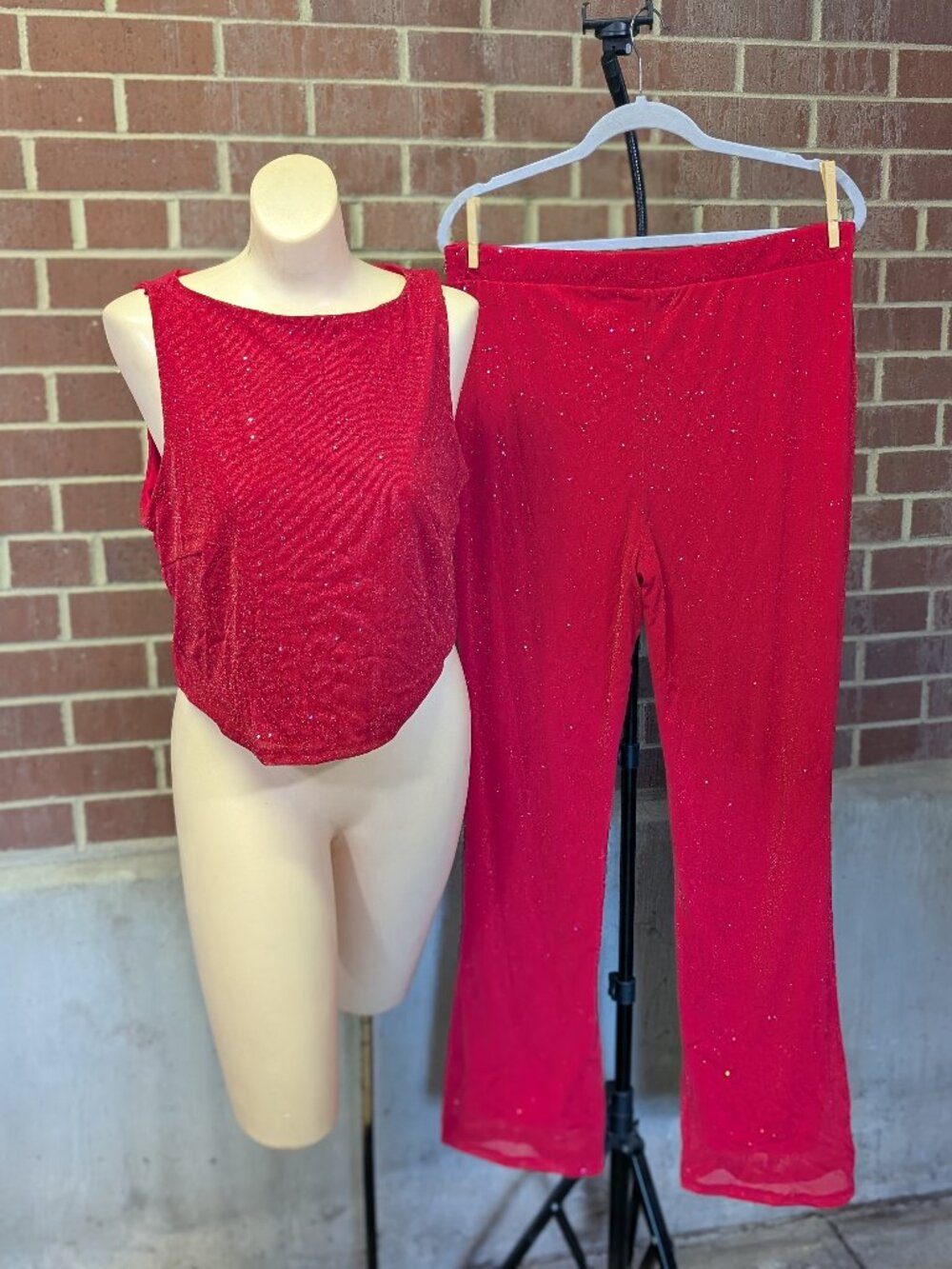 Madden NYC Red Sparkle Set L Flare Pants Crop Top Y2K Party Holiday NYE McBling